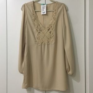 Tan Bohemian Dress with Embroidered Neckline